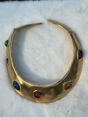 RARE VTG LES BERNARD Gold Tone Faux Gemstone Rhinestones RUNWAY Collar Necklace