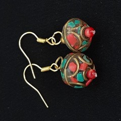 Vintage 2.90ctw Turquoise & Carnelian 14K Yellow Gold Silver Earrings 6g