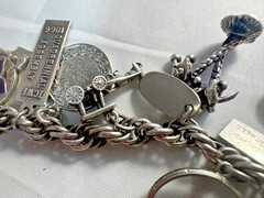 Sterling Silver Bell Trading Vintage link charm bracelet with 25 various charms