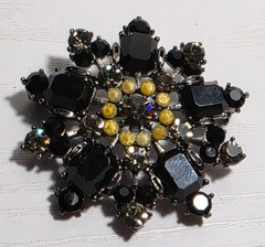 Vintage Flower Rhinestone Brooch 45mm Black Clear Lucite Burst Gunmetal Tone
