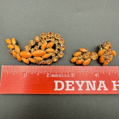 Vintage WEISS Bright Orange Rhinestone Brooch & Clip-on Earrings Jewelry Set