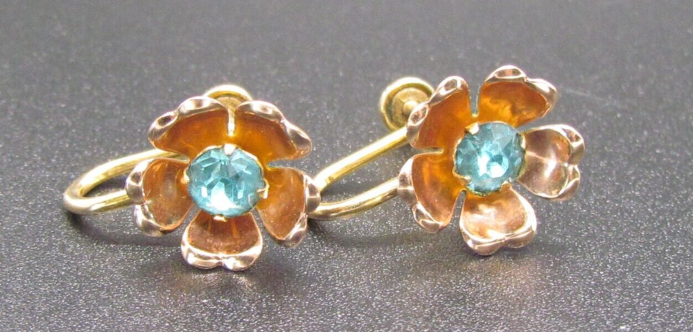 Van Dell Rose Petal Earrings Turquoise Blue Rhinestone Screw Back 12K GF Vintage