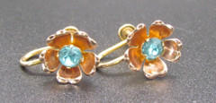 Van Dell Rose Petal Earrings Turquoise Blue Rhinestone Screw Back 12K GF Vintage