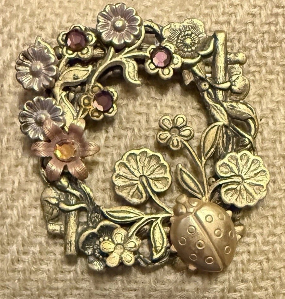 Vintage Gold Tone Ladybug Garden Brooch Rhinestone Floral Bug Pin Nature Gift
