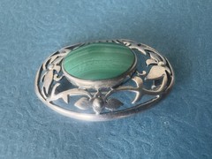 Vintage Navajo .925 Sterling Silver And Malachite Floral Frame Brooch