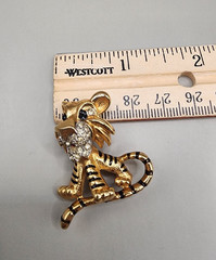 Vintage JOMAZ Tiger Brooch Signed Joseph Mazer Rhinestone Enamel Gold Tone Pin