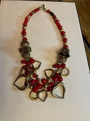 Vintage Roxsann Beaded Red Brass Flowers And Heart Pendant Necklace Chunky