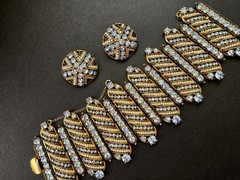 Hollycraft Copr 1954 Blue Rhinestone Faux Pearl Bracelet With Matching Earrings,