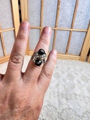 Vintage Silver Tone Adjustable Ring Clear Crystals Black Faceted Round Beads 7″