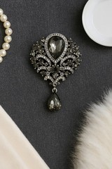 Vintage Style Smoky Gray Crystal Brooch Pin Victoria Gothic Statement Pendant