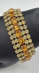 Vintage Amber Rhinestone Bracelet Gold Tone Triple Row Glows Green UV Reactive