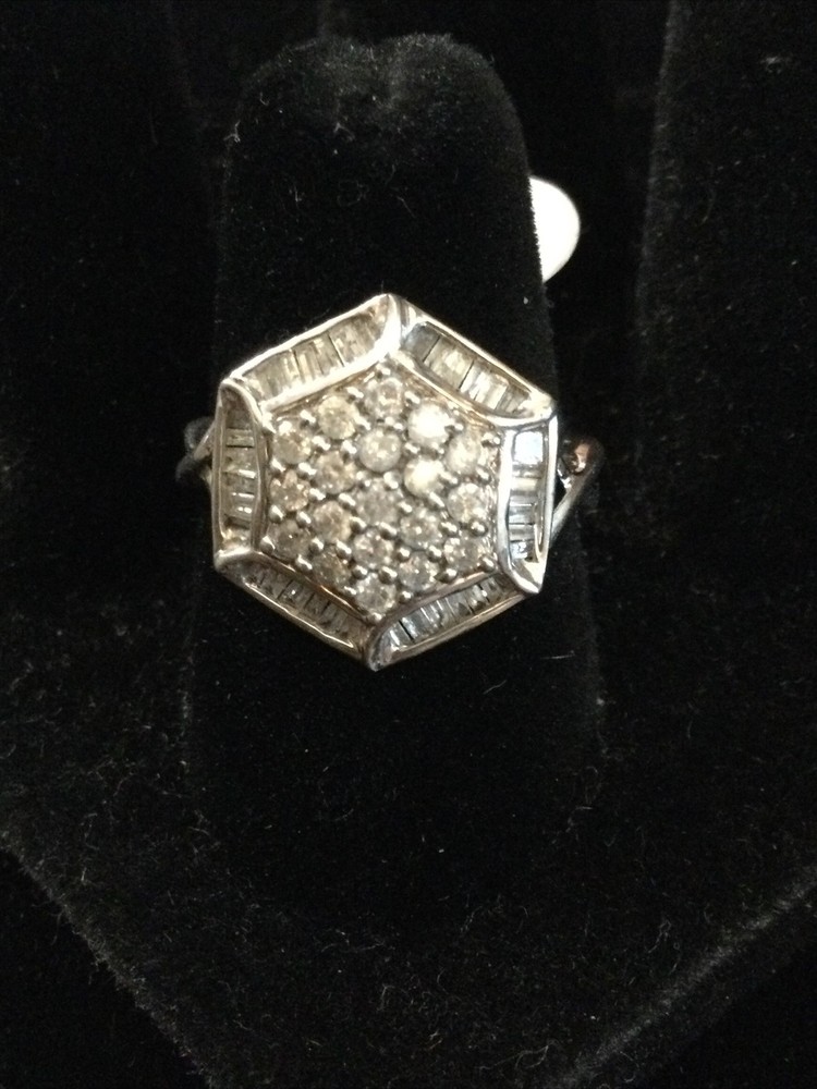 Vintage Sterling Silver Hexagon Diamond Baguettes & Rounds Ring Size 7