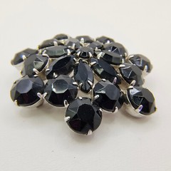 Vintage Black Glass Rhinestone Flower Brooch Pin Silver Tone Art Deco Style