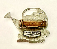 SIGNED Birds & Blooms Garden Watering Can Brooch LE 2000 Silver Tone 1.5”