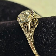 Antique Belais 18K White Gold Art Deco Ring Elongated Old Mine Cut Diamond