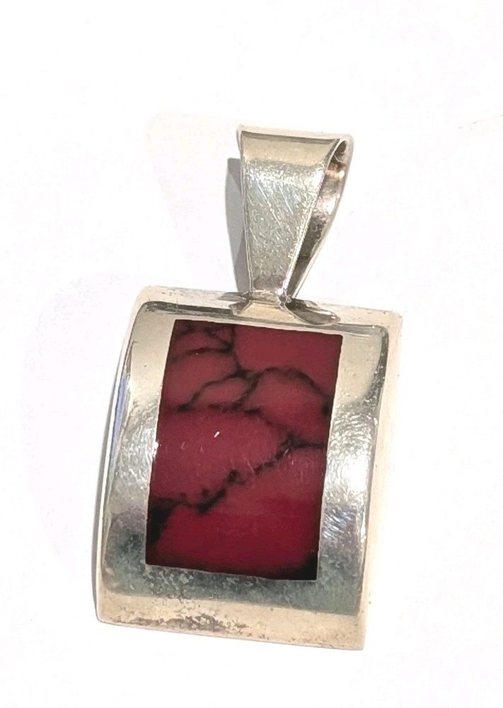 Vtg Sterling Silver Flush Mount Natural Red Jasper Modernist 1.75″ Pendant 14 Gr