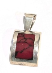 Vtg Sterling Silver Flush Mount Natural Red Jasper Modernist 1.75″ Pendant 14 Gr