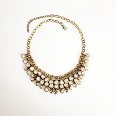 Gold Tone Statement Bib Necklace 18″ With Faceted Bling Clear Rhinestones