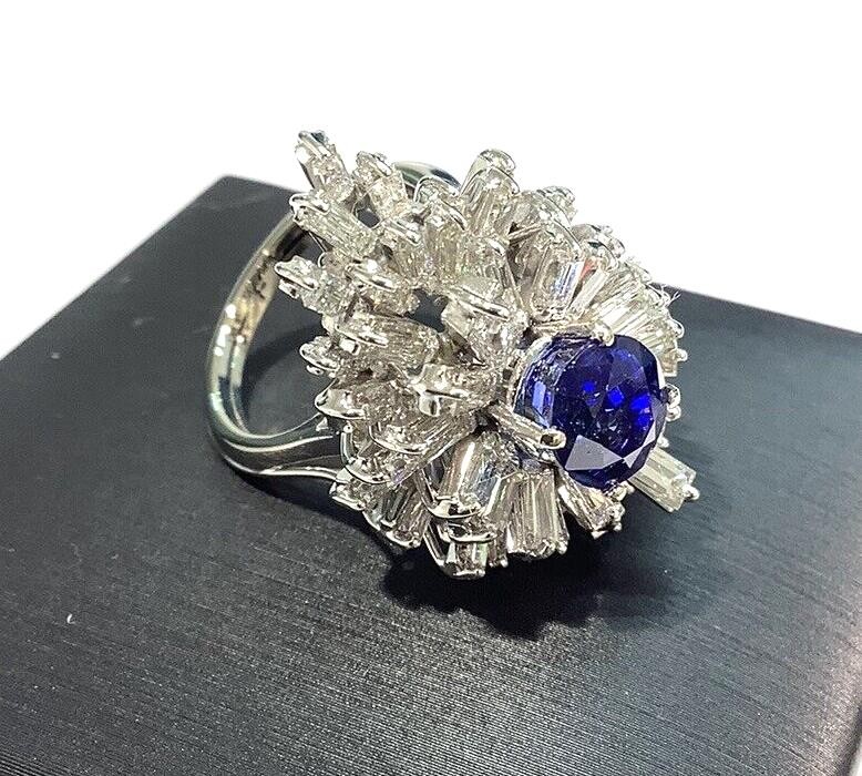 18K White Gold 5.90ctw Oval Blue Sapphire & Tapered Baguette Diamond Ring