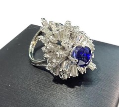 18K White Gold 5.90ctw Oval Blue Sapphire & Tapered Baguette Diamond Ring