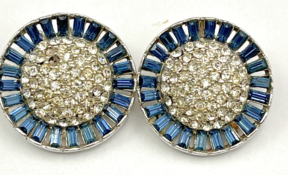 Vintage Wiesner Earrings Simulated Sapphire Baguette Clip on Silver Tone