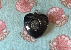 Antique Victorian Whitby Jet Inset Pyrite Puffy 3-D HEART Charm Pendant Fob H5