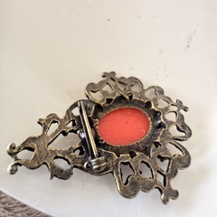Vintage Victorian Revival Red Cameo Brooch Gold Tone Filigree Lady Portrait Pin