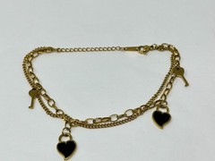 Gold Stainless Steel Key and Black Enamel Heart Charm Chain 7.5-9.5″ Bracelet