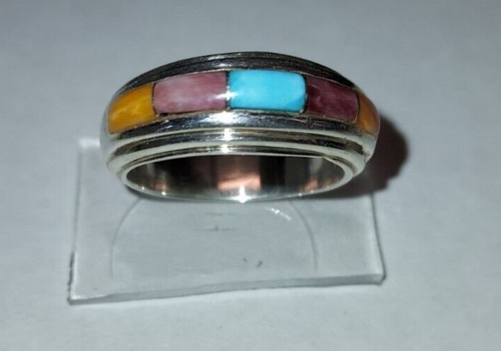 Turquoise & spiny oyster Sterling Wide Inlay BAND Ring Signed I J Navajo Sz 8.5