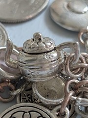 Vintage Tea Set Charm Bracelet Unmarked Likely Silver Plate 7” Spoon Toggle