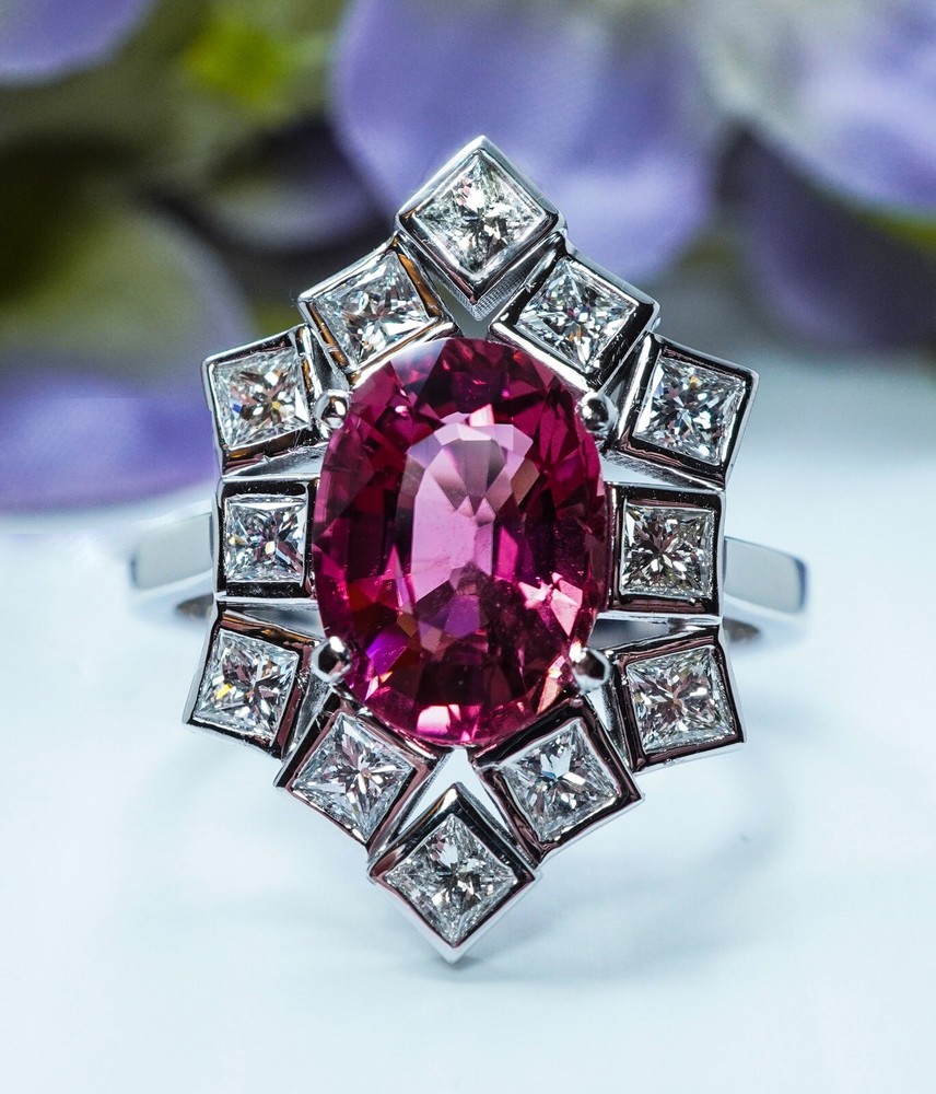 Vintage Tourmaline Square Diamond Cocktail Ring 18K White Gold Estate Giant