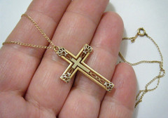 Vintage 60s Solid 14K Yellow & White 14k Gold Filigree Cross Pendant & Chain