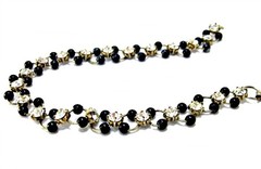 Vintage Tiny Black Bead and Rhinestone Bracelet Circle Links in Silver Tone