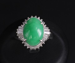 5.22ct Natural Apple Green Jadeite Jade & 0.68ct Diamond Platinum Ring Size 8.75