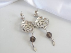 Vintage Sterling Silver 925 Floral Smoky Quartz Marcasite Drop Dangle Earrings