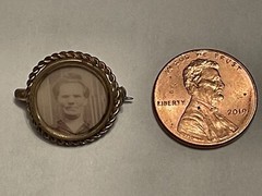 Antique Miniature Mourning Roped Gold-tone Brooch C Clasp Pin Faded Photo Woman