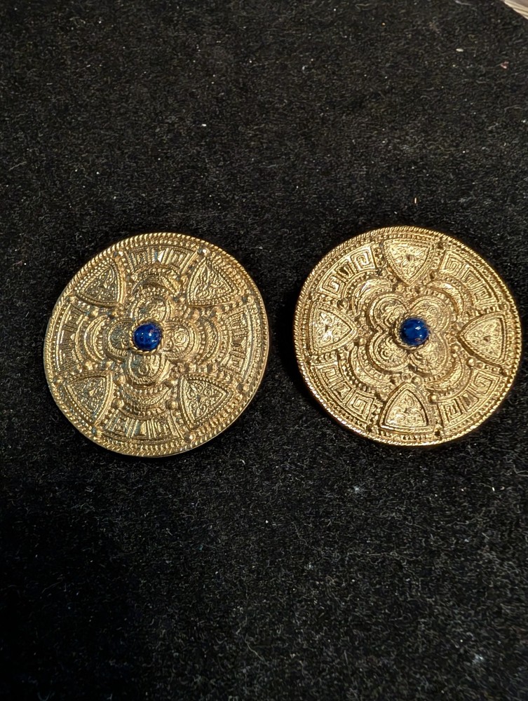 Vintage Goldtone ntricate Detailed Pierced Medallion Earrings, Blue Stone