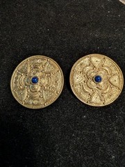 Vintage Goldtone ntricate Detailed Pierced Medallion Earrings, Blue Stone