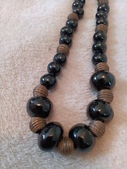 Vintage Graduated Varied Black Shiny Cool Beaded Necklace With Metal Spacers