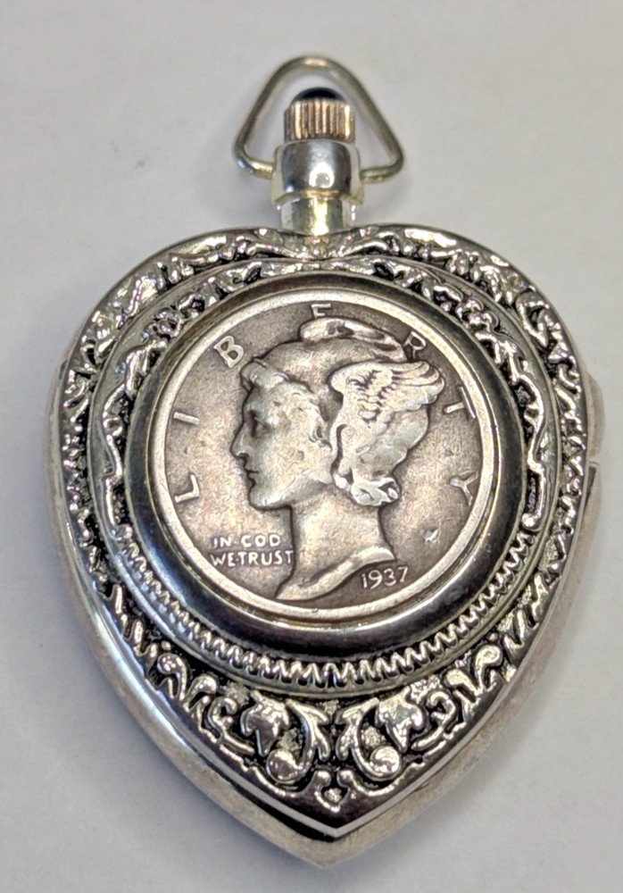Vintag Victorian Lindenwold Silver Heart Shape Pendant Watch W 1937 Mercury Dime