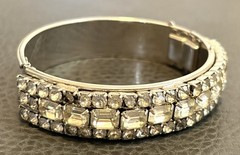 Vintage Crystal Octagon Rhinestone Rhodium Plate Hinge Bangle Bracelet 7 3/8”
