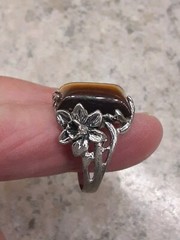 1980’s Tiger’s Eye Silvertone Lily Flower Ring Size 9.5