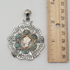 Vtg Central Brand 1936 Mercury Dime Cutout Silver Tone Pendant, Faux Turquoise