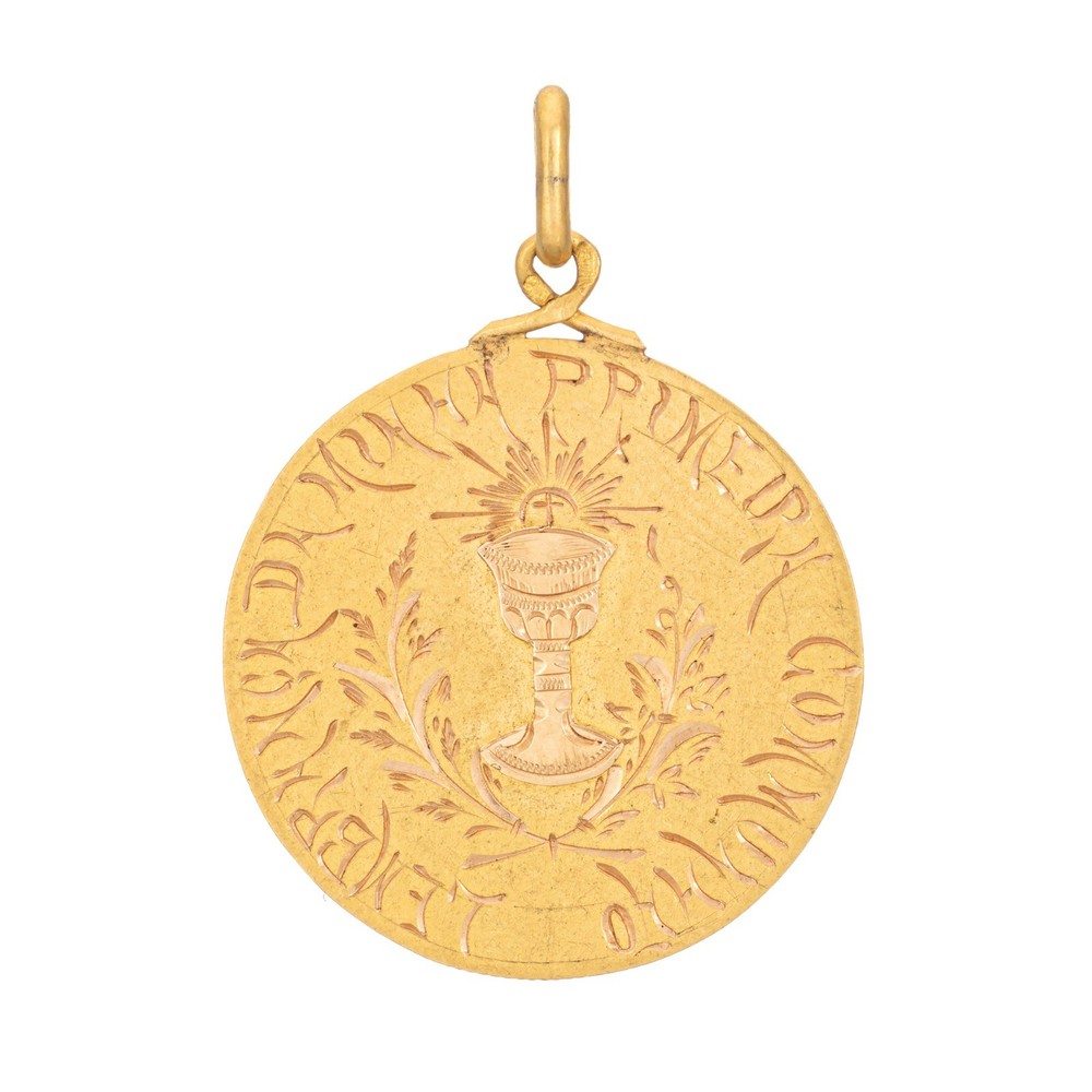 Antique Portuguese Medallion 19k Yellow Gold 1st Communion Religious Charm