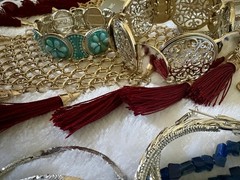 18 Pc Large Lot Vintage Costume Statement Jewelry Burgundy Green Blue Bracelets