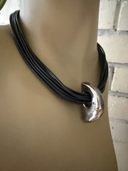 STERLING SILVER MULTI ROW LEATHER CORD MODERNIST NECKLACE SLIDING PENDANT 16″