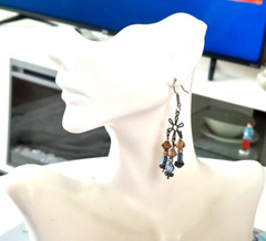 Boho Dark Silver Tone Long 3-Strand Blue Brown Bead 2.25″ Drop/Dangle Earrings
