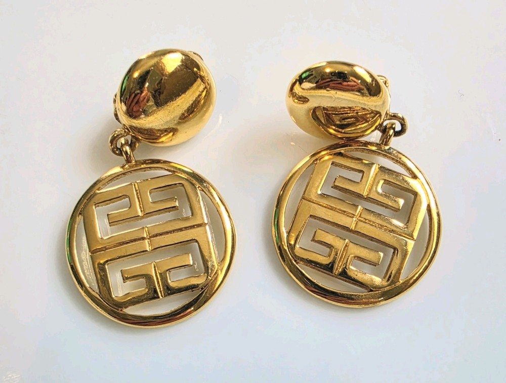 Vintage Givenchy 4G Logo Dangle Drop Clip On Earrings Gold Tone 1980s Signed