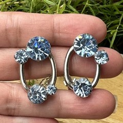 VTG Earrings Clips 1 Inch Sky Blue Glass Sparkly Rhinestones Oval Silver MCM