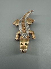 Vintage Gold Tone Alligator Crocodile Brooch Rhinestone Red Eyes Pin Open Mouth